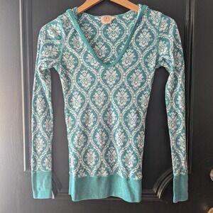 VTG Y2K Curious‎ Gypsy Teal White Geo Print Thermal Hoodie Long Sleeve Top Sz S